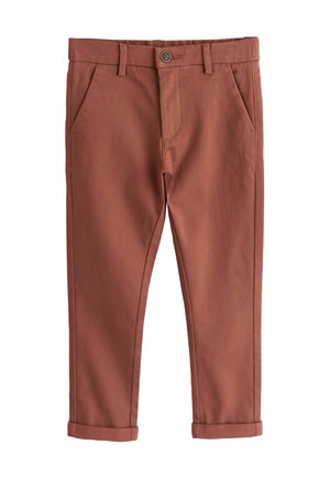 Rozsda színű egyenes szárú nadrág gombos záródással, övbujtatókkal, oldalzsebekkel és felhajtott szegéllyel.