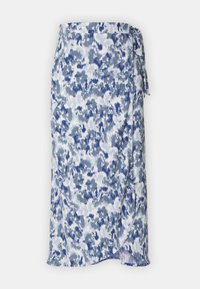 Blå och vit mönstrad omslagkjol i lättviktsmaterial, med justerbar knytning på sidan och en mjuk textur.