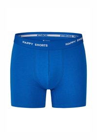 Blauwe katoenen boxershorts met een aansluitend ontwerp, voorzien van een elastische tailleband met de tekst "HAPPY SHORTS" in witte letters. Glad weefsel, zonder patronen.