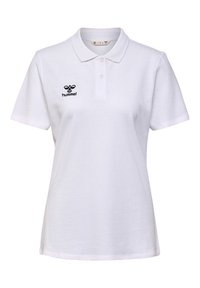 Witte polo shirt van katoen met een klassieke kraag, twee knopen en een zwart Hummel-logo geborduurd op de linkerborst. Korte mouwen.