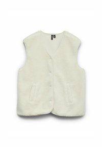 Gilet en polaire de couleur blanc cassé, avec un col en V, une fermeture à boutons-pression et deux poches avant. Texture douce sans manches.