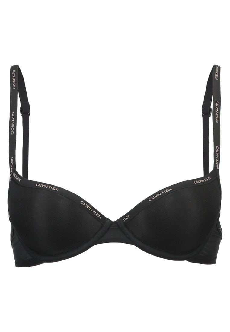 Czarny usztywniany biustonosz z regulowanymi ramiączkami. Posiada logo Calvin Klein wzdłuż ramiączka. Gładka tkanina o klasycznym trójkątnym kształcie miseczki.