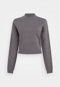 Pull en maille gris avec un col montant, un design court et des manches longues. Présente un ourlet côtelé et une texture douce.