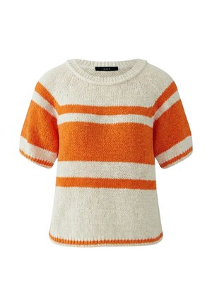 Kortärmelig gebreide trui met crème- en oranje horizontale strepen, ronde halslijn en geraffineerde stof.