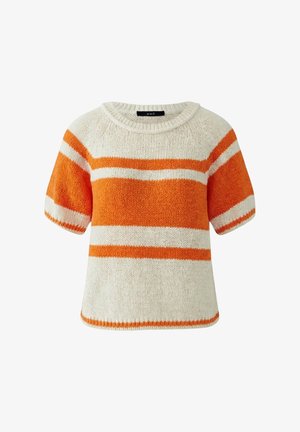 Pull en tricot à manches courtes avec rayures horizontales crème et orange, col rond, et tissu texturé.