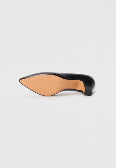 Chaussure à talon haut en cuir noir avec un bout pointu, dotée d'une semelle en caoutchouc beige et d'un petit talon carré. Texture lisse, détails minimaux.