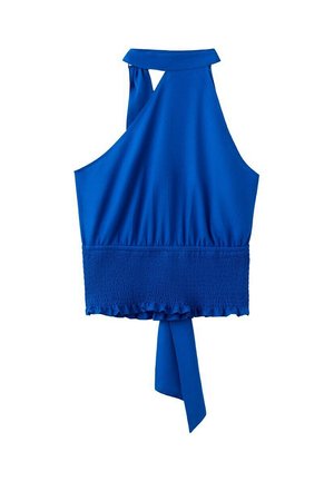 Haut bleu sans manches à col licou avec une ceinture élastique smockée et une fermeture à nouer au niveau du cou et du dos.