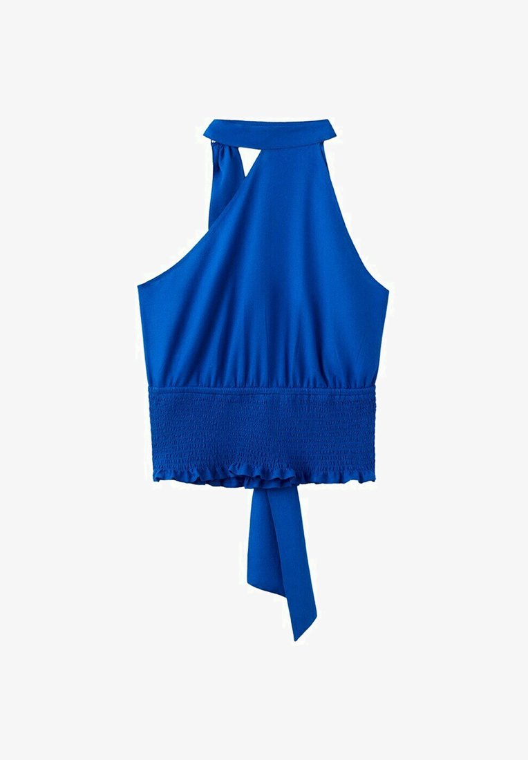 Niebieski bezrękawnik na szyję z marszczoną elastyczną talią i zapięciem na troczki przy szyi i plecach.