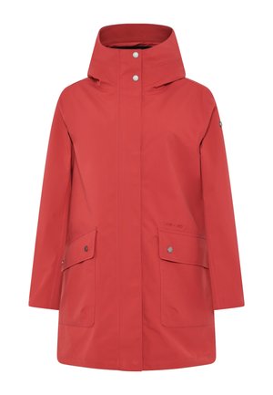 Rote wasserdichte Jacke mit Kapuze, vorderer Knopfverschluss und zwei großen Klappentaschen mit Druckknöpfen.
