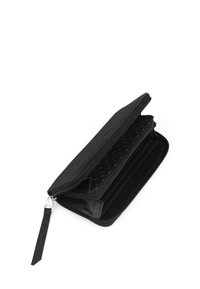 Black zippered wallet made of textured fabric. Interior features a polka dot pattern with multiple card slots and compartments for organization.