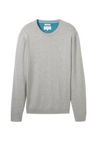 Jasnoszara bluza wykonana z miękkiego materiału, z okrągłym dekoltem i długimi rękawami. Wewnętrzna część dekoltu jest w kontrastowym odcieniu teal.