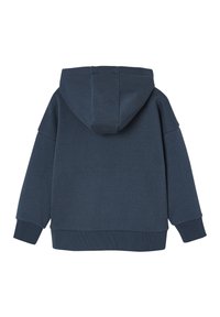 Marineblaue Kapuzenjacke aus weichem Stoff, mit einer großen Kapuze, überschnittenen Schultern und gerippten Bündchen. Schlichtes Design ohne sichtbare Logos.