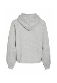Hoodie gris coupé court avec capuche, manches raglan et poignets côtelés. Fabriqué en tissu doux et texturé, avec une finition unie.