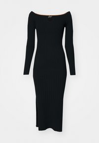 Black ribbed knit dress with off-shoulder neckline, long sleeves, and a side slit. Features a keyhole cutout and orange accent at the collar.