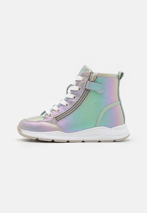 Iridescent high-top sneaker with white laces, side zipper, Velcro strap, and white sole, shown from the outer side on a white background.