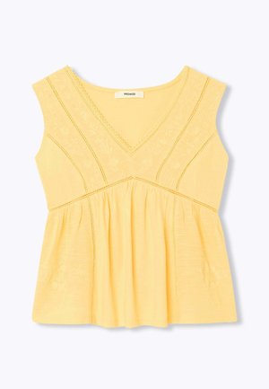 Haut jaune sans manches à col en V avec broderie florale, bordure en dentelle et détail froncé à la taille, de marque "Promod" à l’intérieur du col.