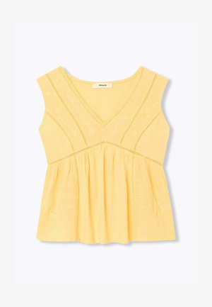 Haut jaune sans manches à col en V avec broderie florale, bordure en dentelle et détail froncé à la taille, de marque "Promod" à l’intérieur du col.
