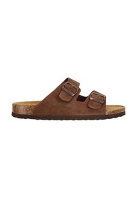 Braune Wildleder-Sandale mit zwei verstellbaren Schnallen, Korkfußbett und strukturiertem Gummisohle. Offene Zehen, minimalistisches Design.