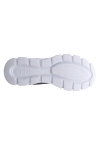 White rubber outsole of a sneaker featuring a ridged pattern with circular and rectangular grips for traction and durability. Logo embossed.