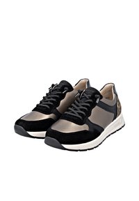 Athletic sneakers with black suede and metallic grey panels. Features black laces, a padded tongue, and a leopard print accent on the heel.