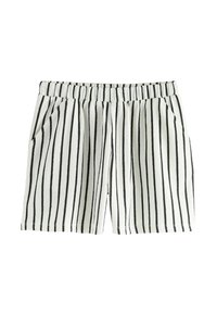 Shorts rayés avec une taille élastique, en tissu texturé noir et blanc, dotés de poches latérales et d'une coupe décontractée.