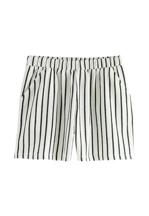 Shorts rayés avec une taille élastique, en tissu texturé noir et blanc, dotés de poches latérales et d'une coupe décontractée.