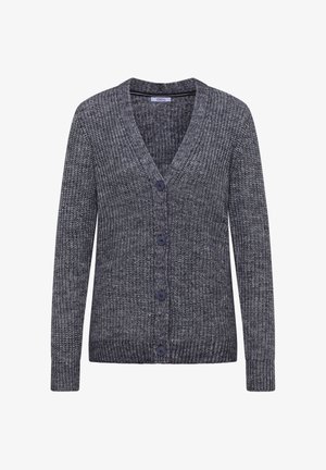 Tummanharmaa neulottu neuletakki, jossa on V-pääntie, pitkät hihat, viisi nappia sekä ribbikuvioitu ilmoitus ja helma.