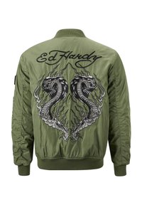 Giacca bomber verde con un grande design ricamato di due serpenti e il testo "Ed Hardy" sul retro. Tessuto liscio, polsini a costine.