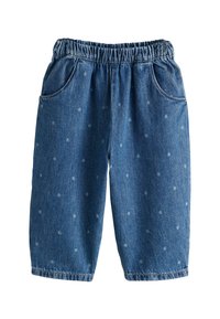 Pantalones cortos de mezclilla azul con una cintura elástica, que cuentan con dos bolsillos laterales y un patrón de puntos en todo el tejido. La tela tiene una textura suave.