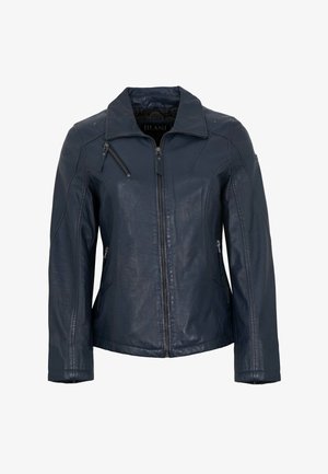 Marineblaue Lederjacke mit Reißverschluss vorne, Stehkragen und Seitentaschen. Verfügt über elegante Nähte und ein asymmetrisches Reißverschlussdetail auf der Brust.