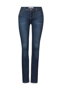 Vaqueros ajustados de denim azul oscuro con bolsillos frontales, trabillas para cinturón y detalles de costura.