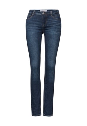 Jean en denim bleu foncé coupe slim avec poches avant, passants de ceinture et détails cousus.