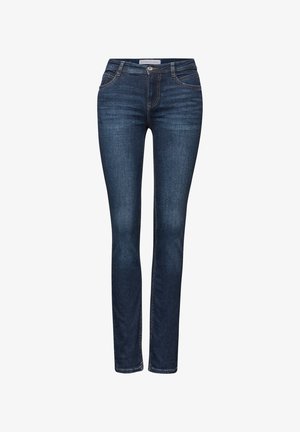 Slim-fit ciemnoniebieskie dżinsy z przednimi kieszeniami, szlufkami na pasek i przeszywanymi detalami.