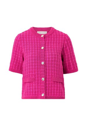 Short-sleeve bright pink textured knit cardigan with round neckline, front silver buttons, and two small front pockets.
