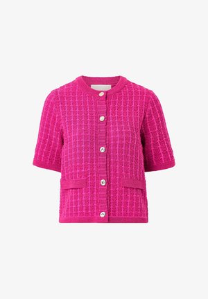 Short-sleeve bright pink textured knit cardigan with round neckline, front silver buttons, and two small front pockets.