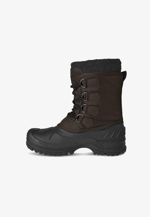 Brauner wasserdichter Winterstiefel mit strukturiertem Obermaterial, weichem Fleecefutter, Schnürverschluss und robuster schwarzer Gummisohle für guten Halt.