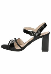 Sandale negre cu toc, cu accente din piele lacuită și velur, design cu vârf deschis și toc pătrat pentru stabilitate. Curea ajustabilă pentru gleznă inclusă.