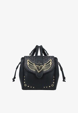 Borsa a mano in pelle nera con decorazioni in oro a forma di ala e cuore, dettagli in cristallo, lati con coulisse e due manici corti.