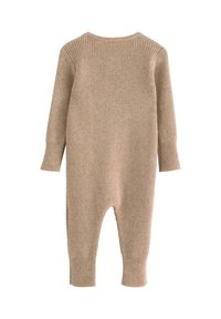 Beige ribbad baby body med långa ärmar, med rund halsringning och åtsittande manschetter. Tyget har en mjuk, texturerad yta.