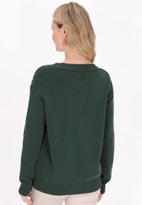 Maglione verde lavorato a maglia con un motivo testurizzato, polsini e orlo a coste, e una vestibilità rilassata. La vista posteriore mostra un ampio collo a giro e maniche lunghe.