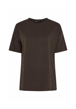 Donkerbruin T-shirt met korte mouwen en ronde hals, met een ontspannen pasvorm en een klein merklipje aan de binnenkant van de kraag.