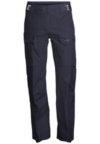 Marineblauwe outdoorbroek van duurzaam materiaal, met ritszakken, een rechte pasvorm en een gestructureerd patroon. Versterkte stikdetails.