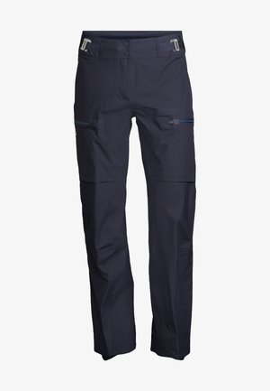 Navyblaue Outdoor-Hosen aus robustem Stoff, mit Reißverschlusstaschen, geradem Schnitt und strukturiertem Muster. Verstärkende Nähte.