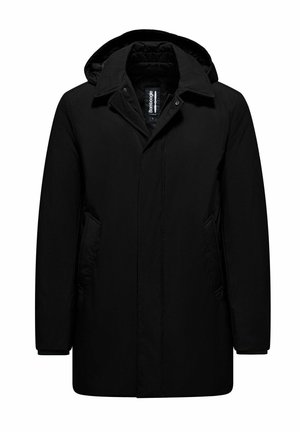 Black mid-length men's winter coat with attached hood, two side pockets, and buttoned front closure.