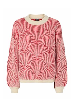 Rød og creme trøje med et tekstureret bølgemønster, rund halsudskæring og ribbede manchetter. Blødt strikmateriale, let oversized pasform.