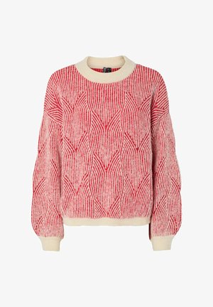 Pull rouge et crème avec un motif en vagues texturé, col rond et poignets côtelés. Matière en tricot douce, coupe légèrement oversize.