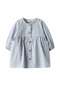 Vaaleansinivalkoinen ruudullinen mekko, jossa pitkät hihat, pyöreä pääntie, nappikiinnitys edessä ja kaksi taskua. Mekossa on puiset napit ja vyötäröllä kerätty kangas.