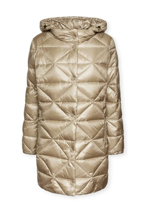 Cappotto lungo imbottito color beige con cappuccio, bottoni a pressione sul davanti e tasche laterali con zip.