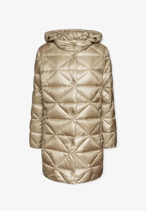 Abrigo largo acolchado de color beige con capucha, botones a presión en el frente y bolsillos laterales con cremallera.