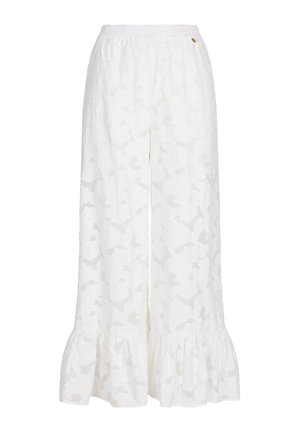 Białe spodnie z szerokimi nogawkami, subtelnym kwiatowym wzorem, elastycznym pasem i marszczonym wykończeniem na dole.